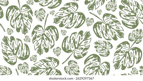 Botanical dark green seamless pattern with big and small hand drawn textured tropical monstera leaves. Exotic rainforest plants texture print for textile, wrapping paper, surface design, background