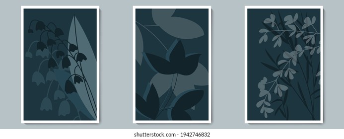 Botanischer Dark Wall Art Vektor Poster Set. Minimalistische Schattenblätter mit Nachthintergrund. Wandkunst-Design für die Innendekoration, Print, Cover, Tapete, Rahmen, Prints.
