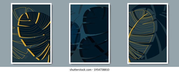 Botanical Dark Wall Art Vector Poster Set. Minimalist Shadow and Gold Tropical Foliage with Night Background.