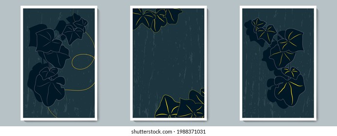 Botanisches Dark Wall Art Vektor Poster. Minimalistische Schattenblütenblätter mit goldenen Streifen auf nächtlichem Hintergrund.