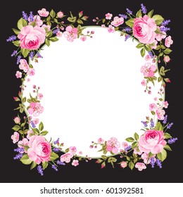 Botanical decorative border with text place isolated over white background. Label with rose and lavender flowers. Summer holiday invitation card with flowers and text place. Vector illustration.
