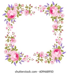 Botanical decorative border with text place isolated over white background. Label with rose and lavender flowers. Summer holiday invitation card with flowers and text place. Vector illustration.