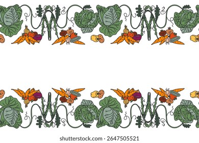 Botanical decorative different vegetables horizontal seamless pattern border isolated on white background. Hand drawn colorful veggies plants with Roots Stems Leaves vector illustration Graphic design