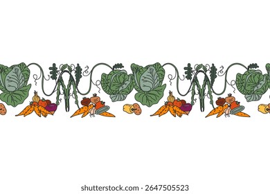 Botânico decorativo diferentes vegetais horizontal sem costura borda padrão isolado no fundo branco. Mão desenhado colorido vegetarianos plantas com raízes caules folhas vetor ilustração Projeto gráfico