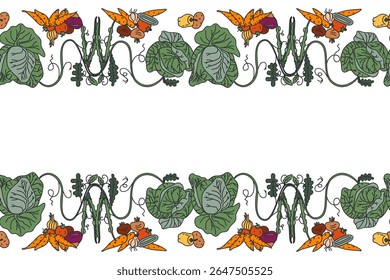 Botânico decorativo diferentes vegetais horizontal sem costura borda padrão isolado no fundo branco. Mão desenhado colorido vegetarianos plantas com raízes caules folhas vetor ilustração Projeto gráfico