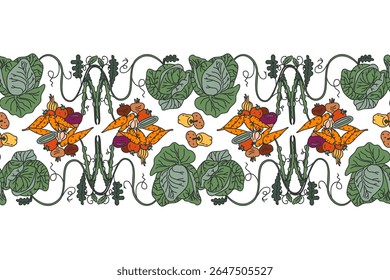Botânico decorativo diferentes vegetais horizontal sem costura borda padrão isolado no fundo branco. Mão desenhado colorido vegetarianos plantas com raízes caules folhas vetor ilustração Projeto gráfico