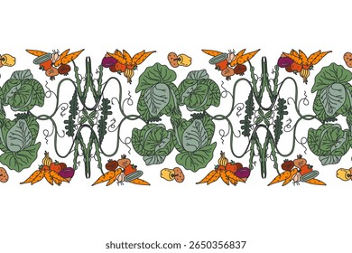 Botanical decorative different vegetables horizontal seamless pattern border isolated on white background. Hand drawn colorful veggies plants with Cabbage Carrot Peas Pepper Onion vector illustration