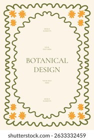 Botanical decorative frame with curly green border and orange hand drawn flowers on light background. Minimal floral design. Vector illustration template for greeting or invitation.