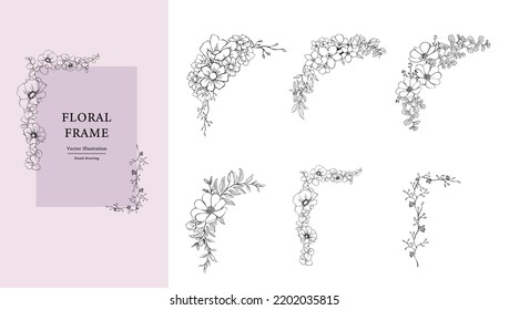 Botanical decorative frame design set . Hand drawn floral borders and divider with branch vector illustration on white isolated background. 