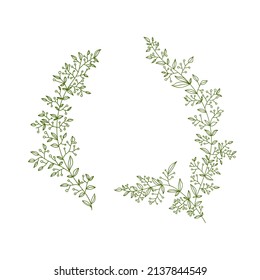 Botanischer Zierrahmen aus Zweigen mit Beeren und Blättern zum Anfügen von Text in linearem Stil, floraler Rahmen für Grüße, Karten und Einladungen. Einzeln auf weißem Hintergrund. Vektorgrafik