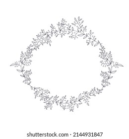 Botanical decorative frame of twigs with berries and leaves for attaching text in a linear style, floral frame for greetings, cards and invitations. Isolated on a white background. Vector graphics