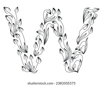 Botanical decorative illustration, doodle twig with leaves. Capital letter W of the Latin alphabet.