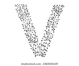 Botanical decorative illustration, doodle twig with leaves. Capital letter V of the Latin alphabet.