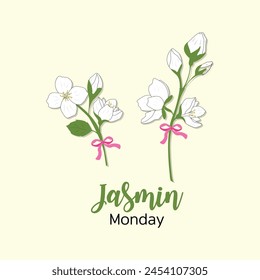 Botanical design Birthday bouquet. Monday. Set of Jasmine flower and leaves on white background in flat vector illustration for gift, banner, print, logo, background and greeting card.