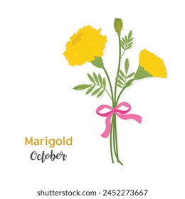 Botanical design for Bouquet of birth month flowers, October. Set of marigold flowers, flat vector illustration. logo, tattoo, wall art, poster, packaging, stickers, prints