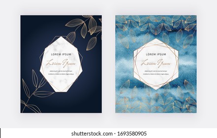 Botanical design cards with geometric marble frames and leaves on the dark blue watercolor backgrounds. 