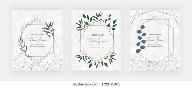 Botanical design cards with geometric marble frames blue and green leaves. Trendy templates for wedding invitation, greeting, banner, flyer, poster, save the date