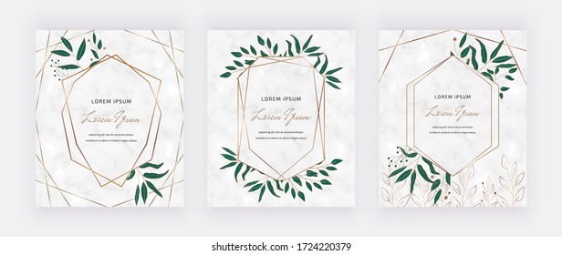 Botanical design cards with geometric marble frames green leaves. Trendy templates for wedding invitation, greeting, banner, flyer, poster, save the date
