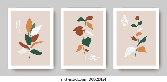 Botanical design with leaves, creative doodles.Applicable for banners, posters, postcards, invitations, covers, brochures, wall art.