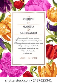 Diseño botánico para postal, cartel, invitación de boda, guardar la fecha, portada, banner para publicidad en redes sociales, y productos impresos, lugar para texto. Tulipanes y peonías realistas.