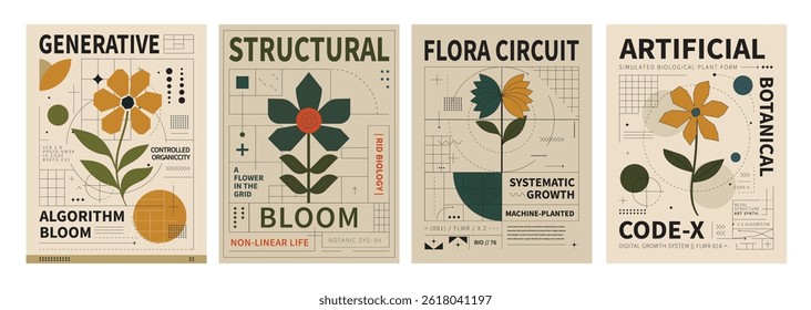 Botanical Design Posters: A collection of artistic posters showcasing botanical illustrations with a focus on floral elements, intricate structural designs, and innovative layouts.