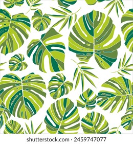 Botanical design with rainforest plants.  Exotic green seamless patern on white background. Fashion summer texture. Vector illustration.