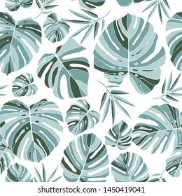 Botanical design with rainforest plants.  Jungle blue seamless patern on white background. Fashion summer texture. Vector illustration.