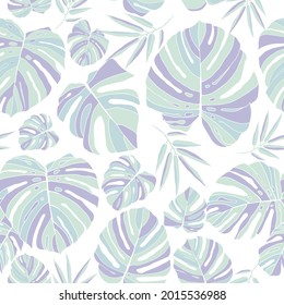 Botanical design with rainforest plants.  Jungle pastel seamless patern on white background. Fashion summer texture. Vector illustration.
