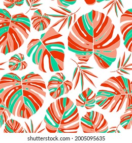 Botanical design with rainforest plants.  Nature orange seamless patern on white background. Fashion summer texture. Vector illustration.