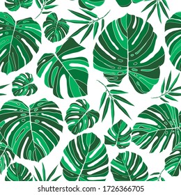 Botanical design with rainforest plants.  Summer green seamless patern on white background. Fashion summer texture. Vector illustration.