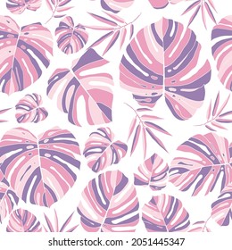 Botanical design with rainforest plants.  Tropic pink seamless patern on white background. Fashion summer texture. Vector illustration.