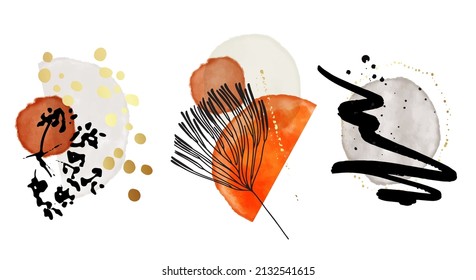 Botanical design wall art vector set. Floral Foliage line art social media icons drawing with abstract shape. Minimalist Plant Art design for print, cover, wallpaper, natural Vector art
