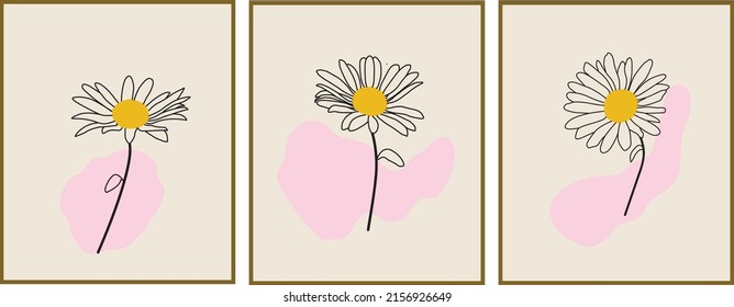 
Botanical design of a wall art vector set. Simple and beautiful daisy bellis perennis flower design. suitable for wall frame decoration, canvas prints, posters, home decor, cover and wallpaper. 