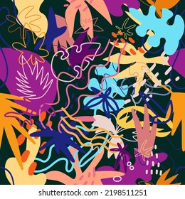 Botanical designed abstract tropical seamless pattern. Trendy pattern with hand drawn exotic foliage.