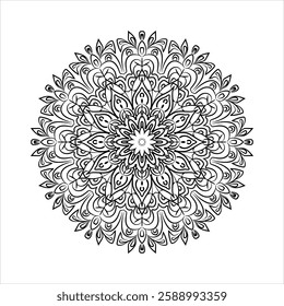 Botanical detailed mandala with an intricate circular pattern design stencil for tattoo, henna, wall art, adult coloring page 