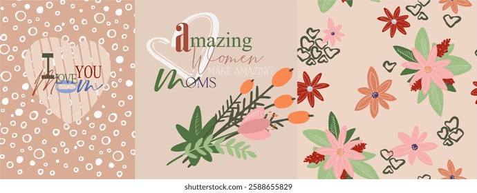 Botanical digital art (poster, card, pattern) for Mother's Day, International Women's Day. Fully editable poster for branding, advertising, printing. Vector