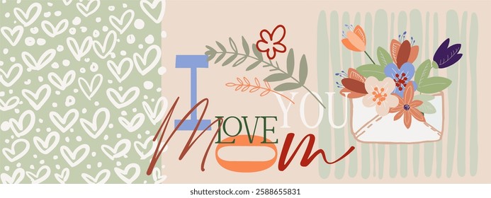 Botanical digital art (poster, card, pattern) for Mother's Day, International Women's Day. Fully editable poster for branding, advertising, printing. Vector