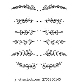 Botanical Divider Leaves Line Separator Vintage Hand Drawn Collection. Vector Illustration
