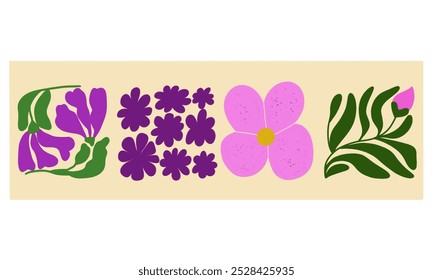Conjunto de arte de fondo de doodle botánico. Flor y hojas de forma abstracta doodle diseño de arte para impresión, Fondo de pantalla, Clipart, arte de la pared para la decoración del hogar. Patrón de Vector de flores Abstractas. flor multicolor