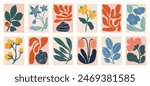 Botanical doodle background art vector set. Flower and leaves abstract shape doodle art design for print, wallpaper, clipart, wall art for home decoration.