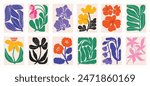 Botanical doodle background art vector set. Flower and leaves abstract shape doodle art design for print, wallpaper, clipart, wall art for home decoration.
