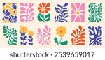 Botanical doodle background art vector set. Flower and leaves abstract shape doodle art design for print, wallpaper, clipart, wall art for home decoration.