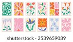 Botanical doodle background art vector set. Flower and leaves abstract shape doodle art design for print, wallpaper, clipart, wall art for home decoration.