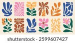 Botanical doodle background art vector set. Flower and leaves abstract shape doodle art design for print, wallpaper, clipart, wall art for home decoration.