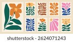 Botanical doodle background art vector set. Flower and leaves abstract shape doodle art design for print, wallpaper, clipart, wall art for home decoration.