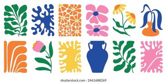 Botanical doodle background art vector set. Flower and leaves abstract shape doodle art design for print, wallpaper, clipart, wall art for home decoration.