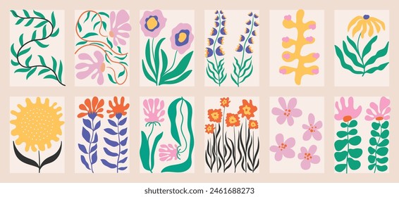 Botanical doodle background art vector set. Flower and leaves abstract shape doodle art design for print, wallpaper, clipart, wall art for home decoration.