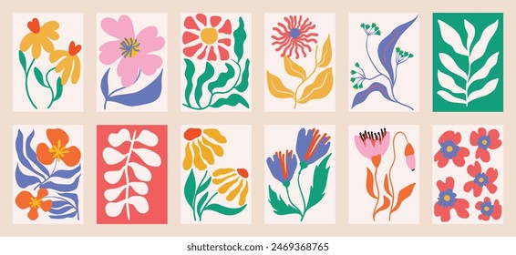 Botanical doodle background art vector set. Flower and leaves abstract shape doodle art design for print, wallpaper, clipart, wall art for home decoration.