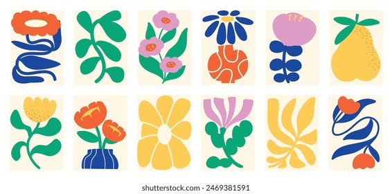 Conjunto de Vector de arte de fondo de garabato botánico. Flor y hojas forma abstracta doodle diseño de arte para impresión, Fondo de pantalla, Clipart, arte de la pared para la decoración del hogar.