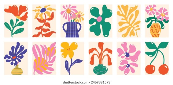 Conjunto de Vector de arte de fondo de garabato botánico. Flor y hojas forma abstracta doodle diseño de arte para impresión, Fondo de pantalla, Clipart, arte de la pared para la decoración del hogar.